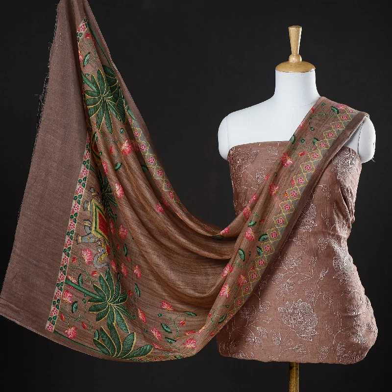 Brown - 3pc Handloom Chanderi Silk Cotton Embroidered Suit Material Set with Digital Printed Dupatta Denim unclassified dresses