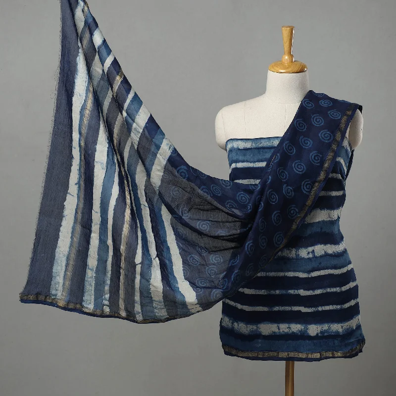 Blue - 3pc Chanderi Silk Indigo Bagru Print Dress Material 01 Lace unclassified dresses