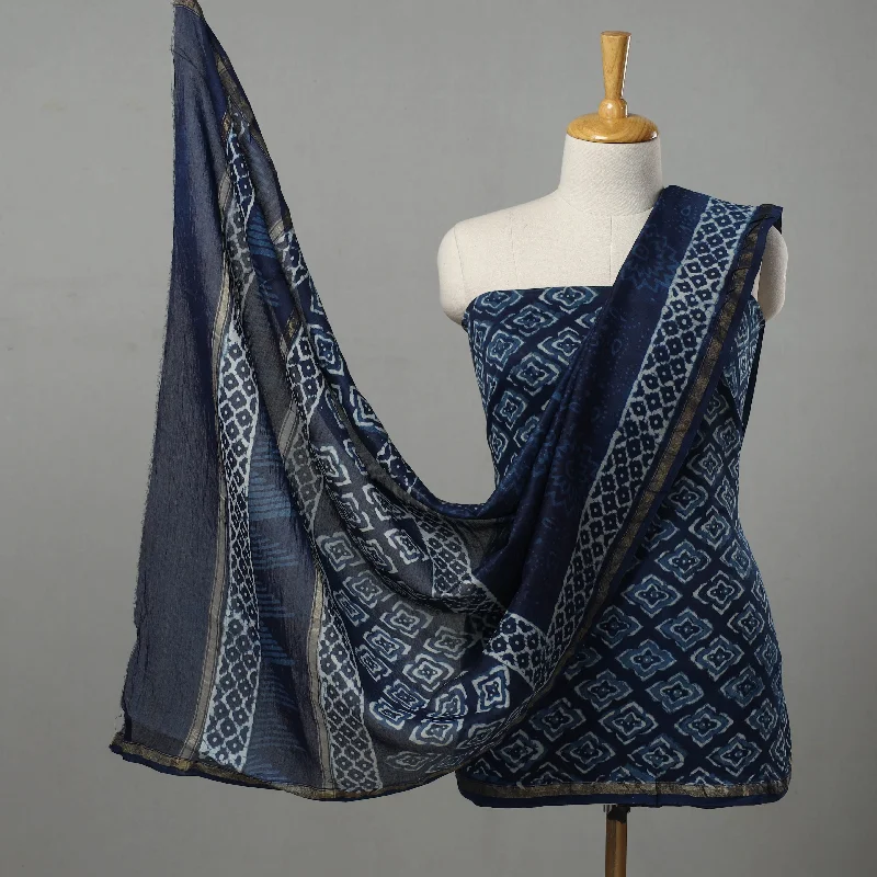 Blue - 3pc Chanderi Silk Indigo Bagru Print Dress Material 02 Mesh unclassified dresses