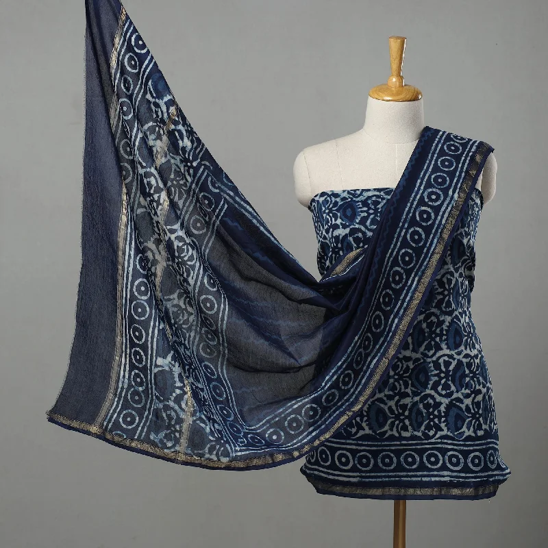 Blue - 3pc Chanderi Silk Indigo Bagru Print Dress Material 05 Cotton unclassified dresses