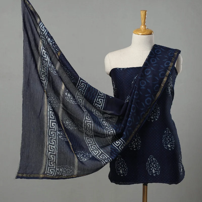 Blue - 3pc Chanderi Silk Indigo Bagru Print Dress Material 06 Velvet unclassified dresses