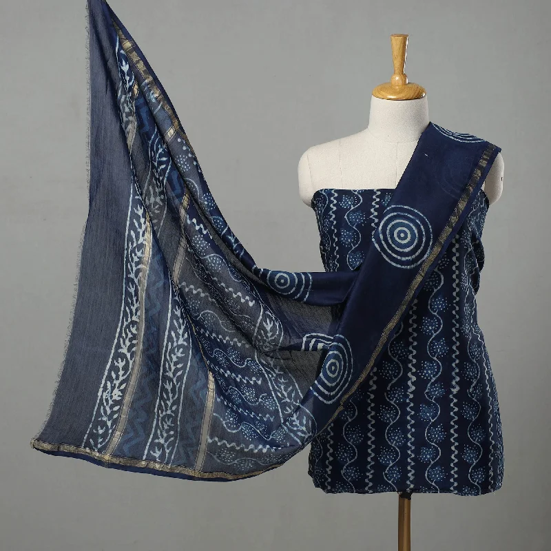 Blue - 3pc Chanderi Silk Indigo Bagru Print Dress Material 07 Floral unclassified dresses