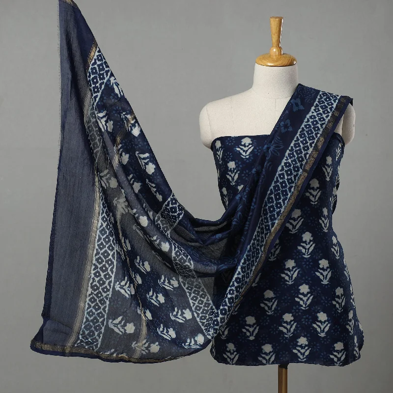 Blue - 3pc Chanderi Silk Indigo Bagru Print Dress Material 08 One-shoulder unclassified dresses