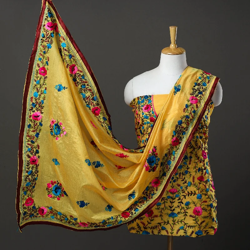 Yellow - 3pc Hand Embroidery Chanderi Silk Phulkari Dress Material 101 Bold pattern unclassified dresses