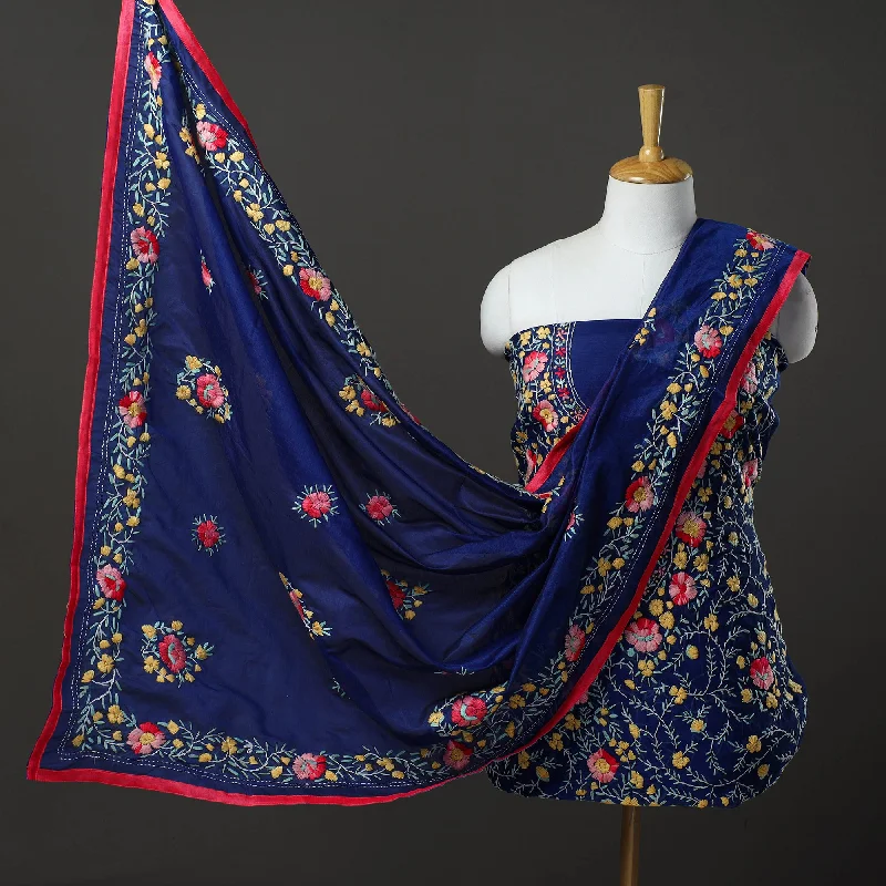 Blue - 3pc Hand Embroidery Chanderi Silk Phulkari Dress Material 91 Bright color unclassified dresses