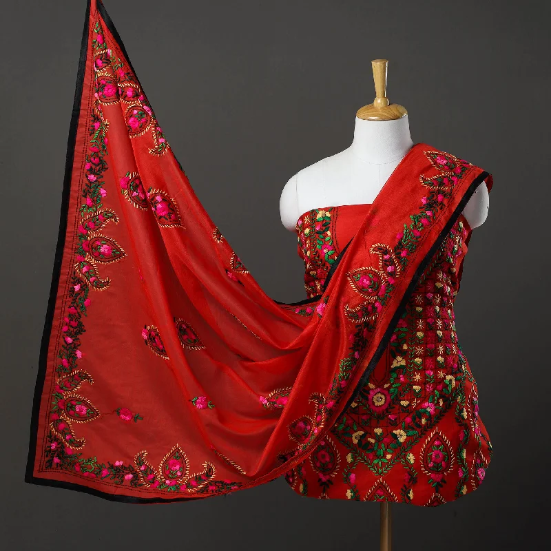 Red - 3pc Hand Embroidery Chanderi Silk Phulkari Dress Material 98 Elegant evening unclassified dresses