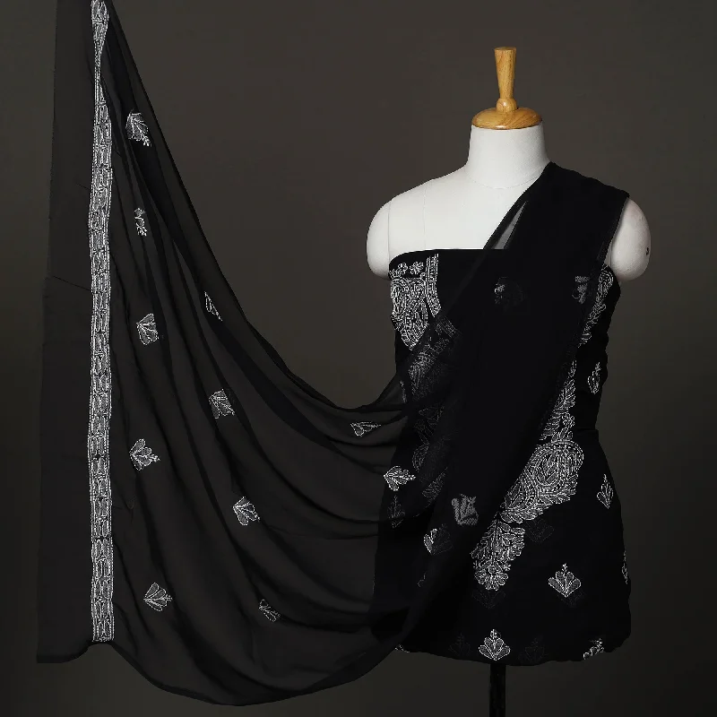 Black - 3pc Hand Embroidery Georgette Chikankari Dress Material 13 Satin unclassified dresses