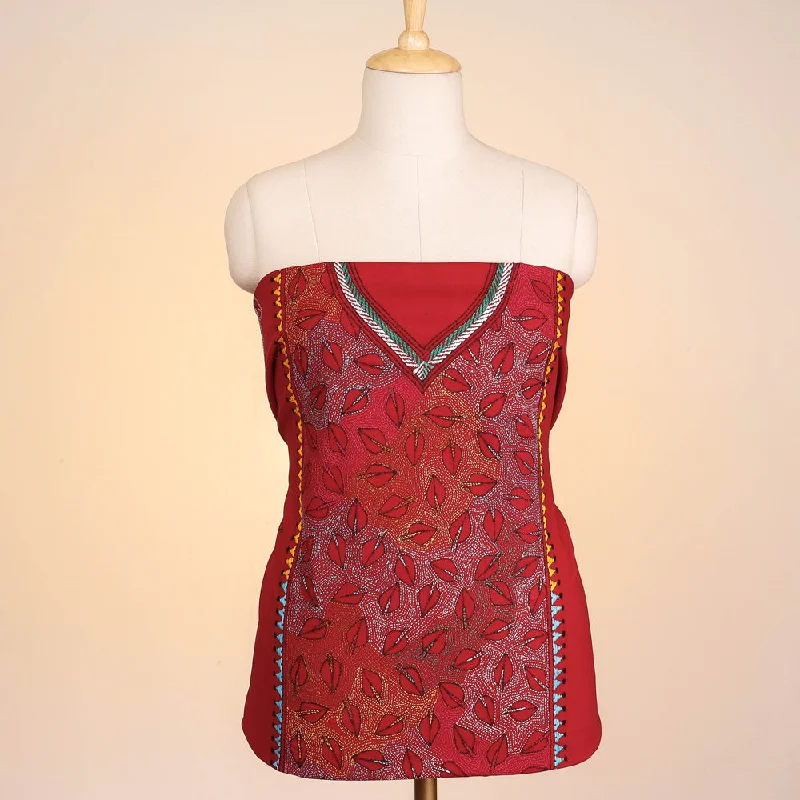 Red - Bengal Kantha Embroidered Pure Cotton Kurta Material Formal unclassified dresses