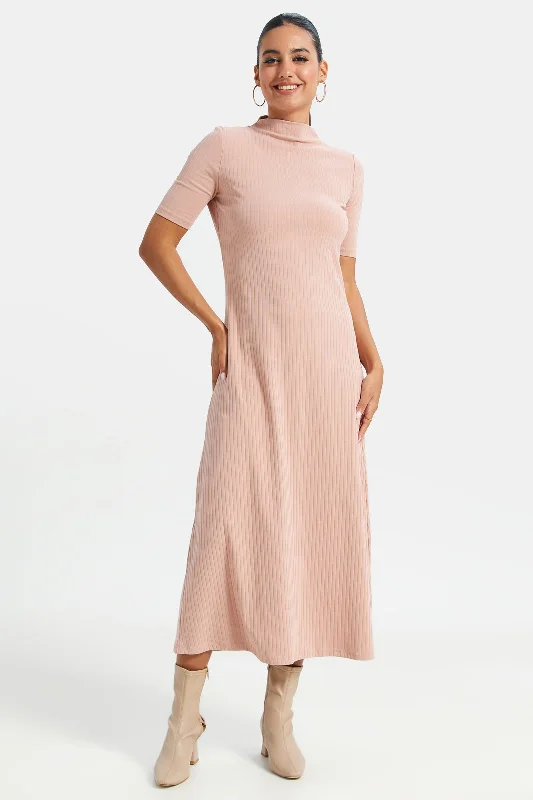 Women Pink High-Neck Ribbed Dress Unique unclassified dresses