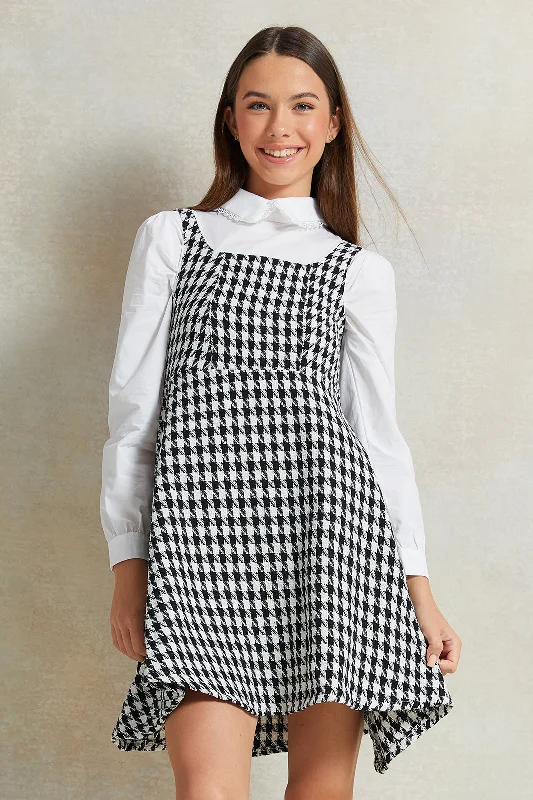 Girls Black And White  tweed Houndstooth Print Sleeveless Dress Elegant evening unclassified dresses