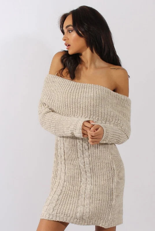 Beige Bardot Heavy Knit Jumper Dress - Suzy Comfortable unclassified dresses