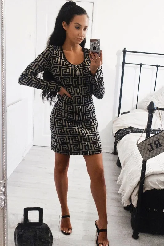 Beige Black Repeat Pattern Knit Dress - Lauralie Holiday unclassified dresses