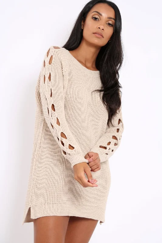 Beige Cable Knit Jumper Dress with Cut out Detail - Daysie Fashionable unclassified dresses