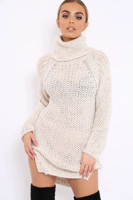 Beige Chunky Knit Roll Neck Cut Out Hem Jumper Dress - Catalina Stylish unclassified dresses