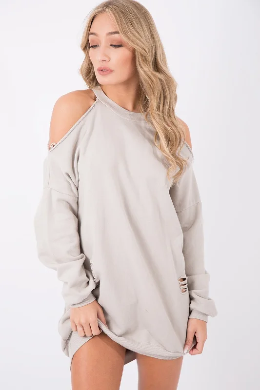 Beige Cold Shoulder Distressed Jumper Dress - Kylie Discounted unclassified dresses