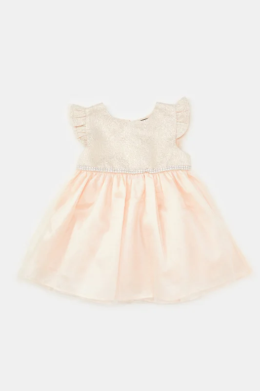 Infant Girls Beige Jacquard Yoke Dress Tulle unclassified dresses