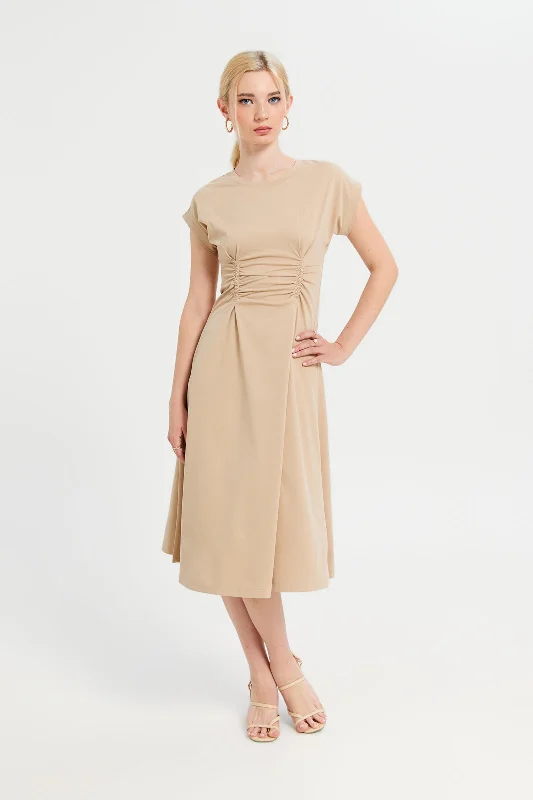 Women Beige A-Line Waist Elastic Detailed Dress Color block unclassified dresses