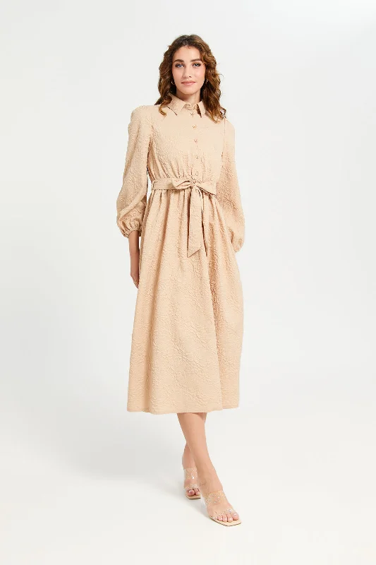 Women Beige Jacquard Dress With Belt Silk unclassified dresses