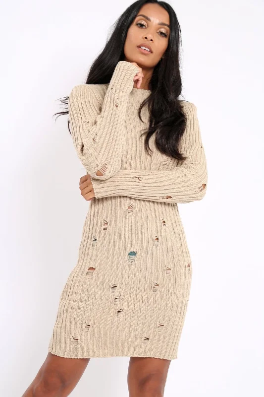 Beige Knit Distressed Jumper Dress - Cheryl Anniversary unclassified dresses