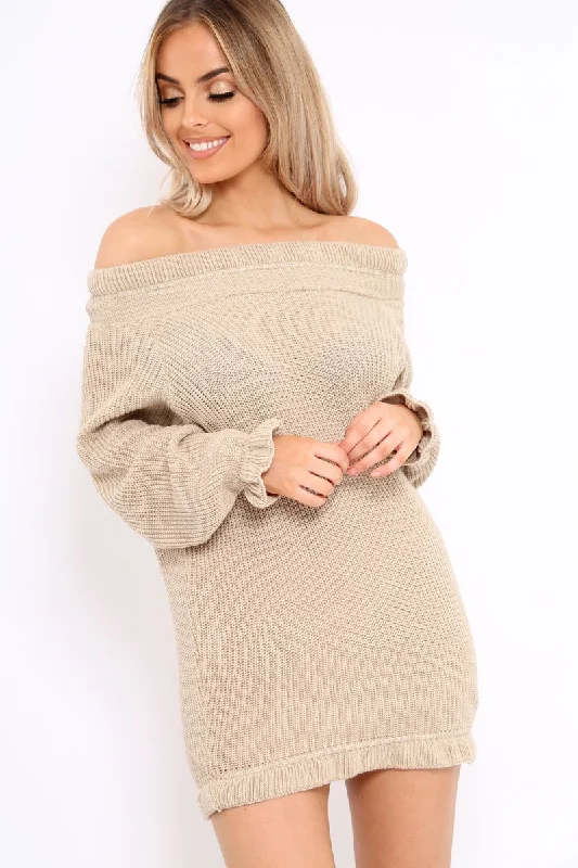 Beige Knitted Bardot Jumper Dress with Elasticated hems - Kirsty Spring unclassified dresses