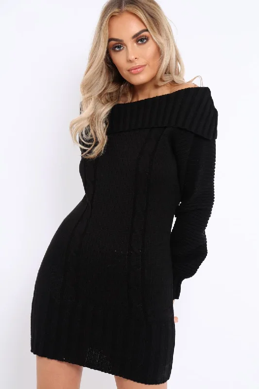 Black Bardot Chunky Knit Jumper Dress - Kaidyn One-shoulder unclassified dresses