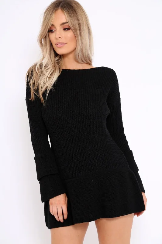 Black Bell Sleeve Extreme Hem Chunky Knit Jumper Dress - Paige Ruched unclassified dresses