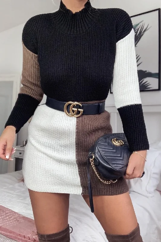 Black Brown and Cream Knit Jumper Dress - Taila Ruffled unclassified dresses