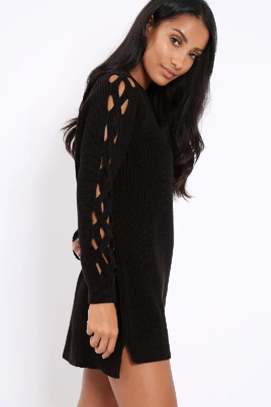 Black Cable Knit Jumper Dress with Cut out Detail - Daysie Comfortable unclassified dresses