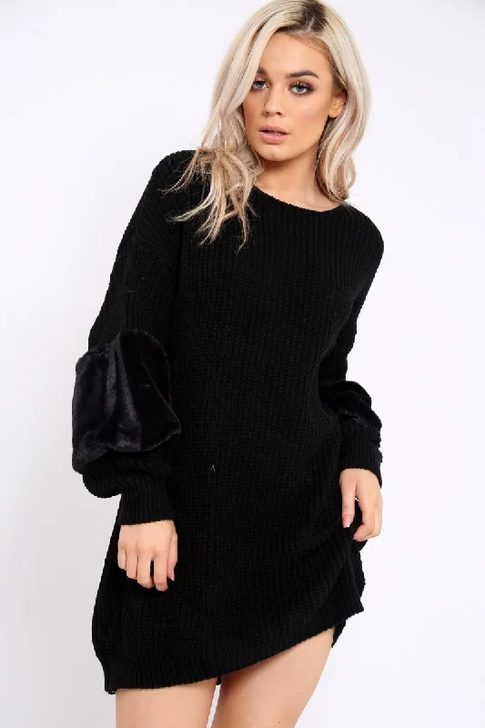 Black Chunky Knit Fur Sleeve Jumper Dress - Jaycee Sexy unclassified dresses