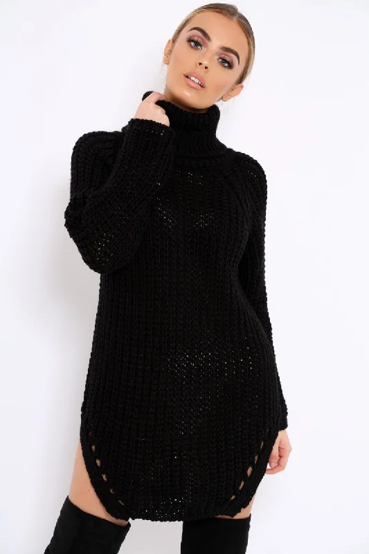 Black Chunky Knit Roll Neck Cut Out Hem Jumper Dress - Catalina Trendy unclassified dresses