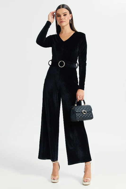 Women Black Velvet Jumpsuit Fall unclassified dresses