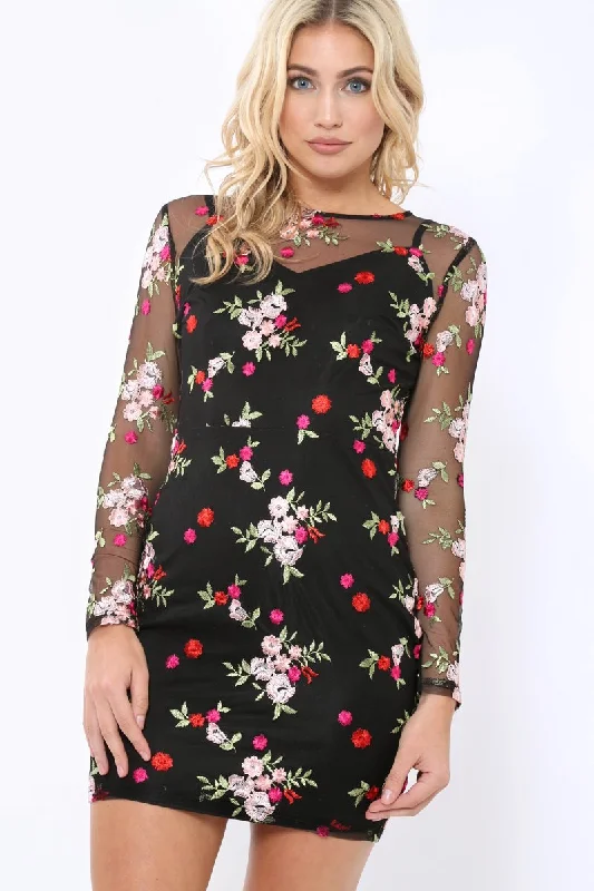 Black Embroidered Body Con with Sheer Sleeves - Fleur Fashionable unclassified dresses