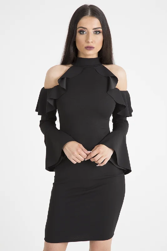 Black Frill Detail Cold Shoulder Dress - Bonnie Mesh unclassified dresses