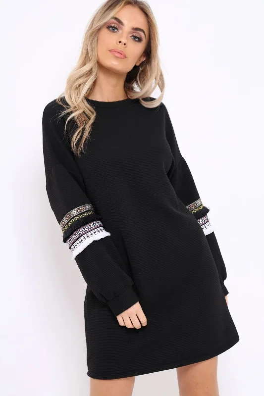 Black Jumper Dress with Sleeve Trim Detail - Hermina Engagement unclassified dresses