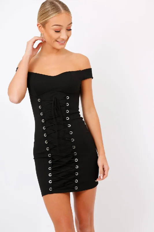 Black Off Shoulder Centre Eyelet Dress - Callie Cocktail unclassified dresses