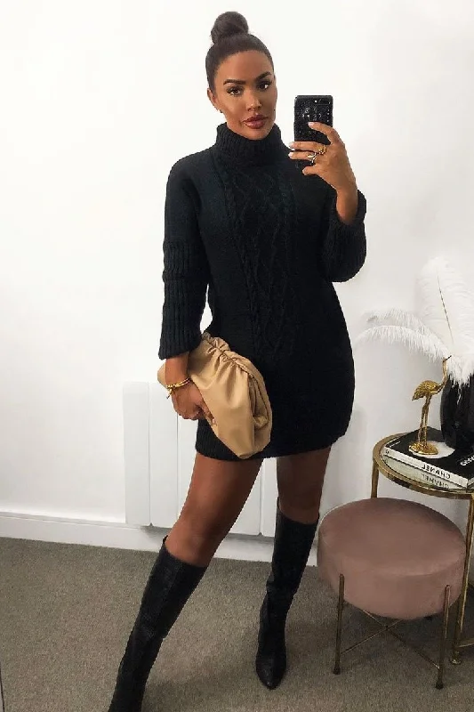 Black Oversized Knitted Turtle Neck Jumper Dress - Freyah Striped unclassified dresses