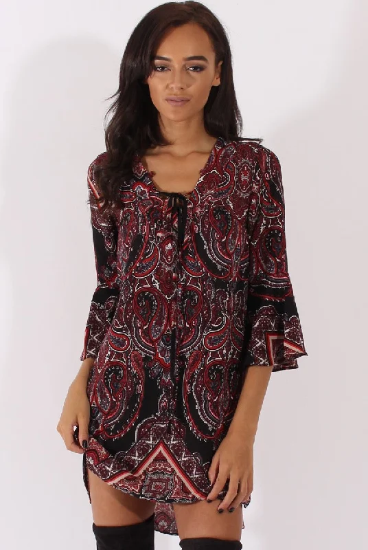 Black Paisley Print Flared Sleeve Dress - Pia Mesh unclassified dresses