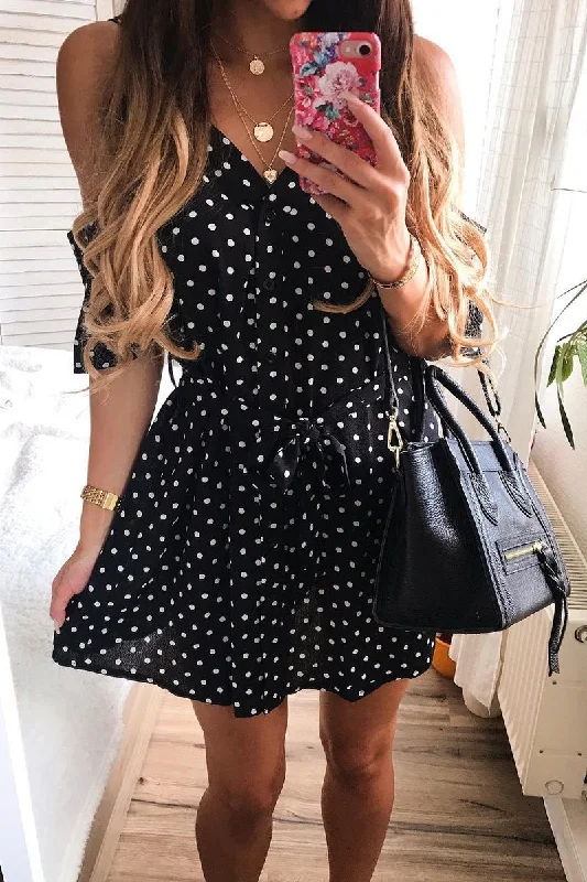 Black Polka Dot Cold Shoulder Dress - Sarabella Lounge unclassified dresses