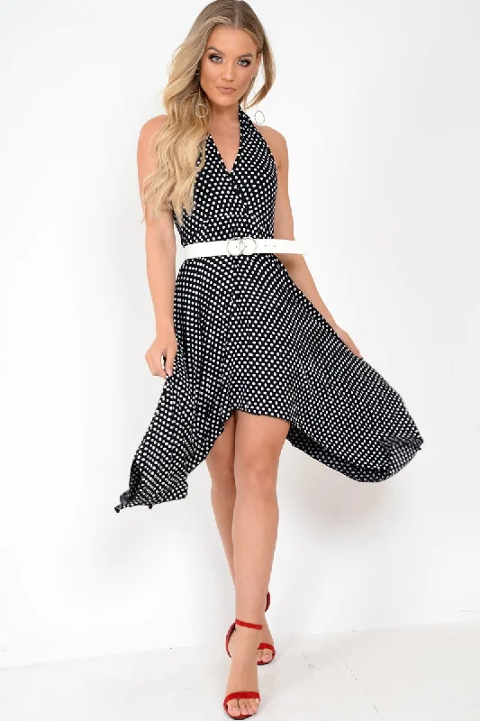 Black Polka Dot Halterneck Tiered Hem Dress - Cailie Travel unclassified dresses