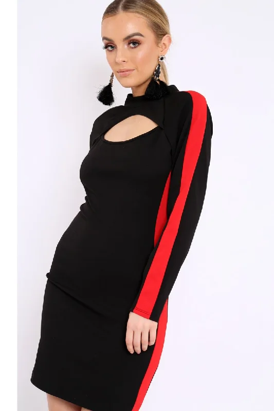 Black Side Red Striped Cut Out Dress - Layia Smocked unclassified dresses