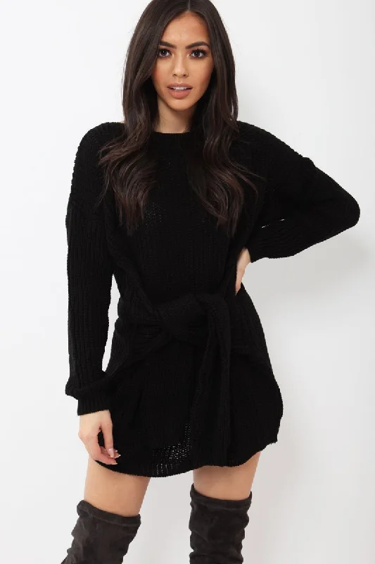 Black Tie Front Knitted Jumper Dress - Harley Smocked unclassified dresses