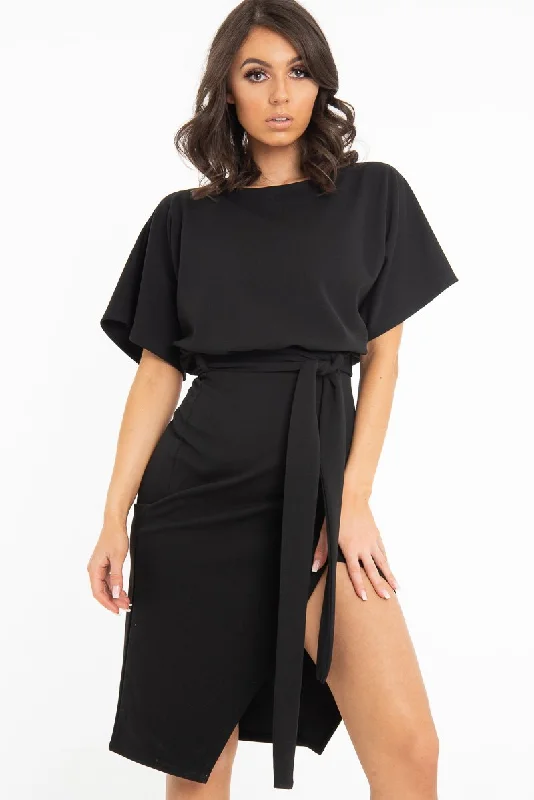 Black Tie Waist Front Split Batwing Dress - Ranessa Bodycon unclassified dresses