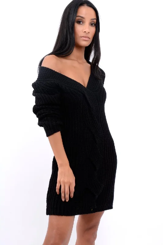 Black V Neck Twist Knit Jumper Dress - Tilly Ruffled unclassified dresses