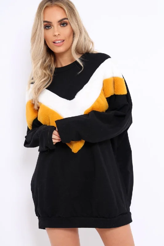 Black with Mustard and White Chevron Fur Jumper Dress- Lula Floral unclassified dresses