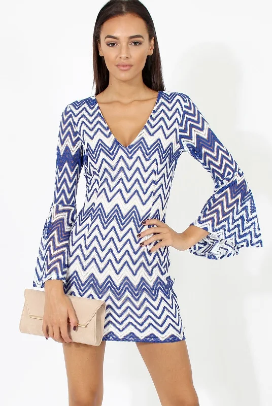 Blue & White Crochet Flare Sleeve Dress - Kady Formal unclassified dresses