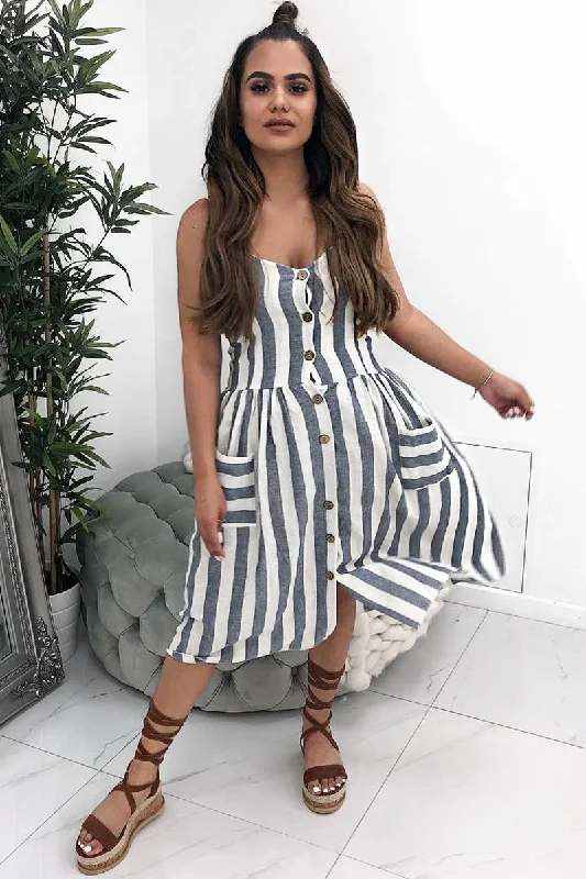 Blue And White Stripe Button Up Dress - Lilyanne Boho unclassified dresses