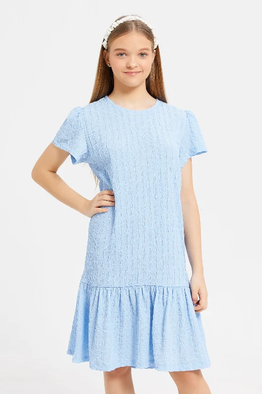 Senior Girls Blue Ruffled Sleeve Jacquard Dress Trendy unclassified dresses