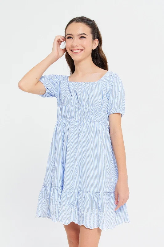 Senior Girls Blue And White Striped Dress Mesh unclassified dresses