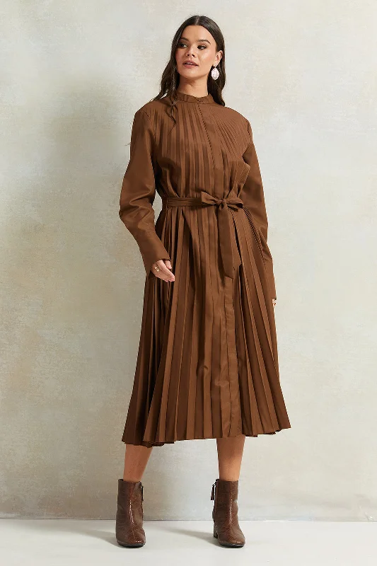 Women Brown Pleated Dress Engagement unclassified dresses