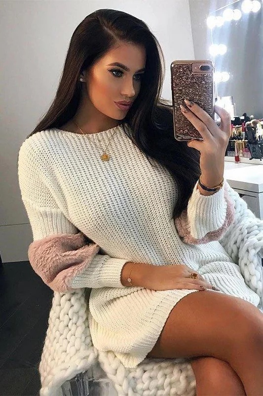 Cream Chunky Knit Fur Sleeve Jumper Dress - Jaycee Budget-friendly unclassified dresses